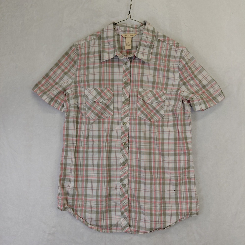 Bit & Bridle Pink Olive Plaid Short Sleeve Cotton Button Down Shirt Small